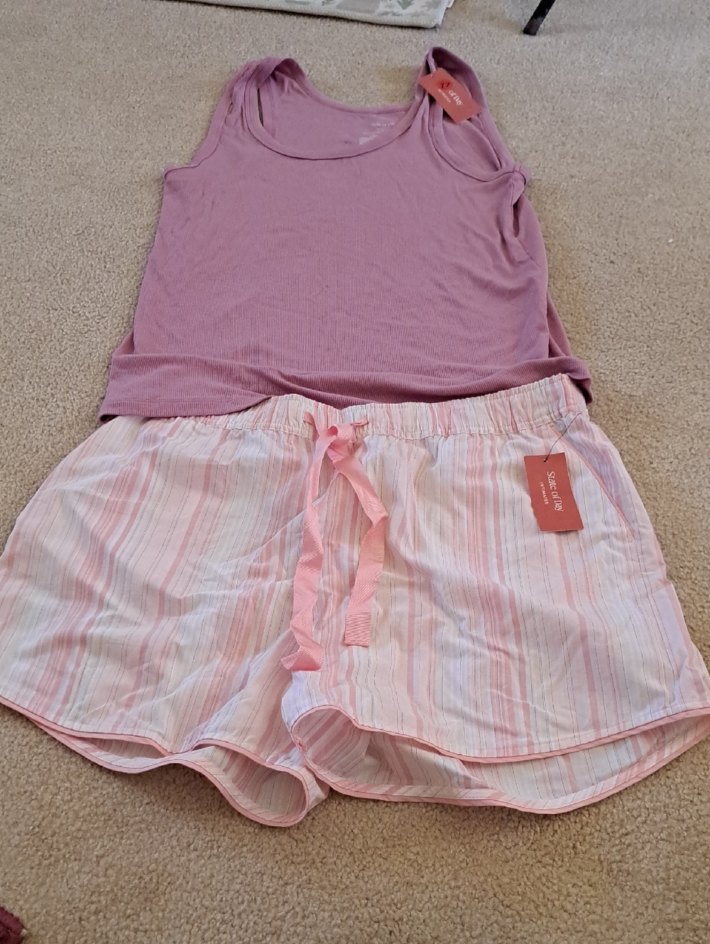 State Of The Day Pink Ribbed Tank and Striped Sleep Shorts Set